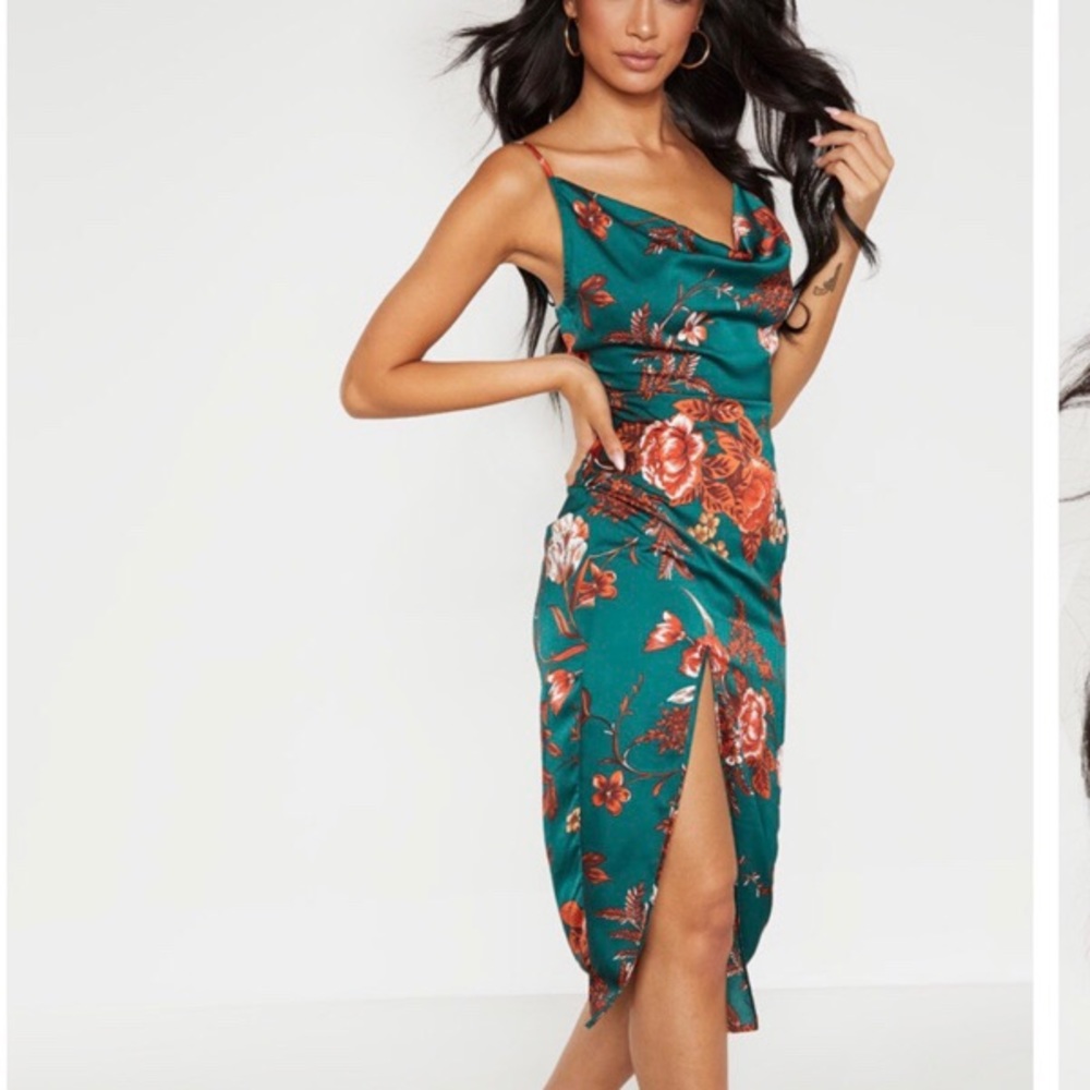 Pretty Little Thing EmeraldGreen Floral Midi Dress